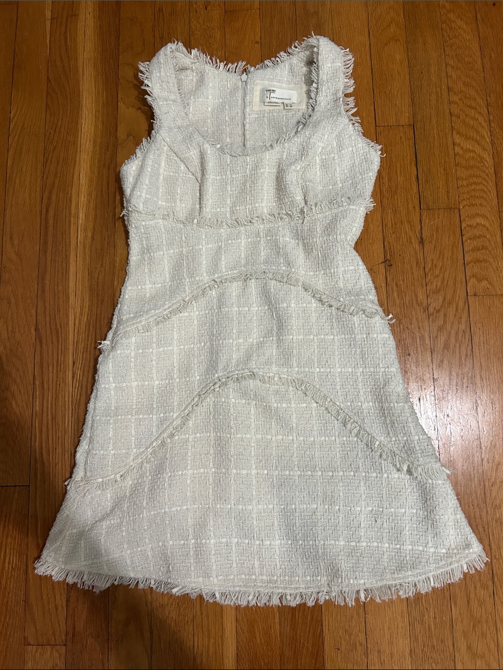Anthropologie Ivory Frayed Tweed Mini Dress